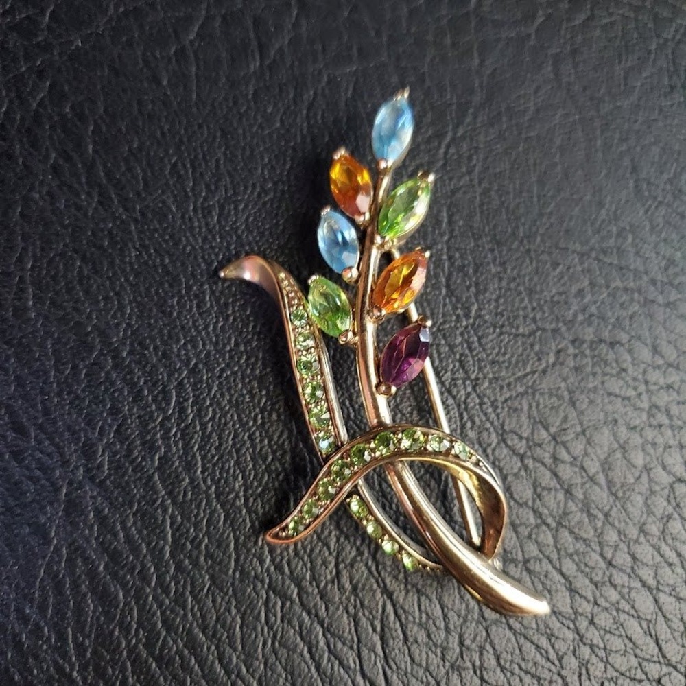 Monet Vintage Gold Tone Multi Color Rhinestone Floral Brooch Pin Marquise Cut